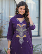 Skylee Cotton Embroidered Straight 3 Piece Kurta Set For Woman
