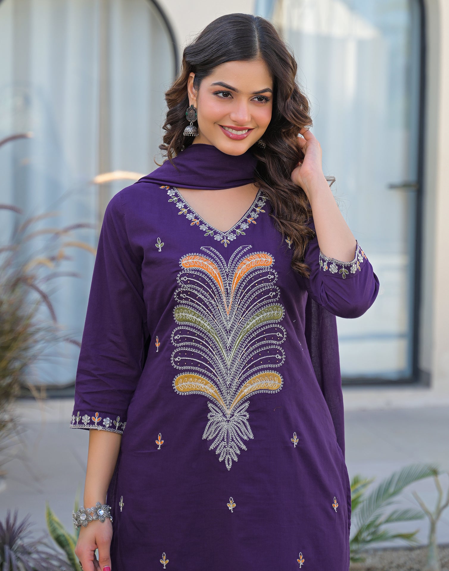 Skylee Cotton Embroidered Straight 3 Piece Kurta Set For Woman