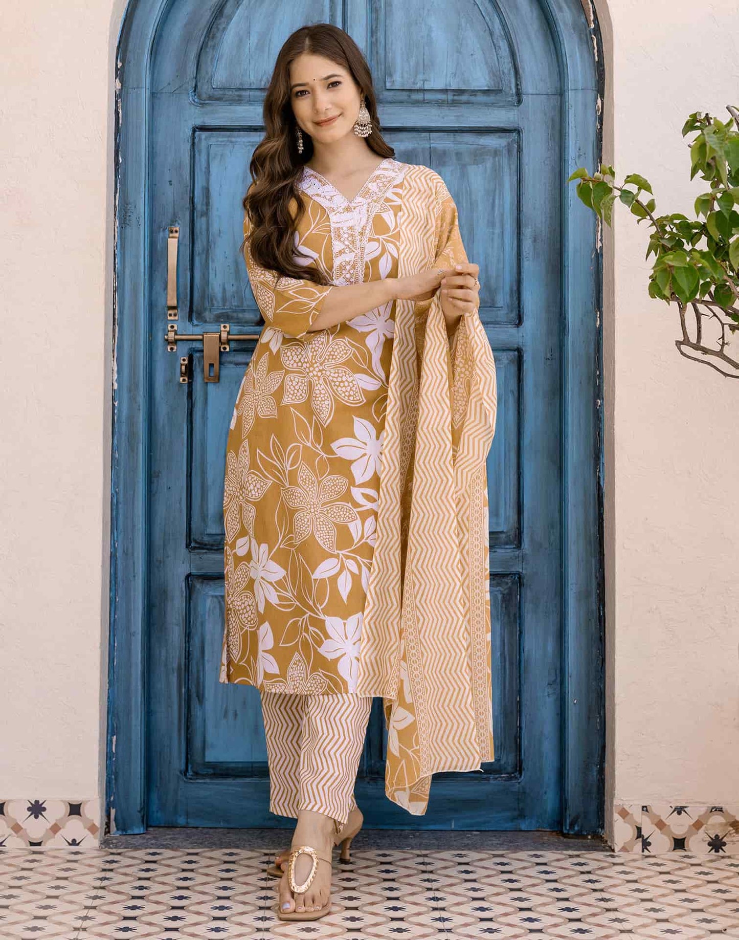 Cotton Straight Printed V-Neck Kurta with Pant & Dupatta