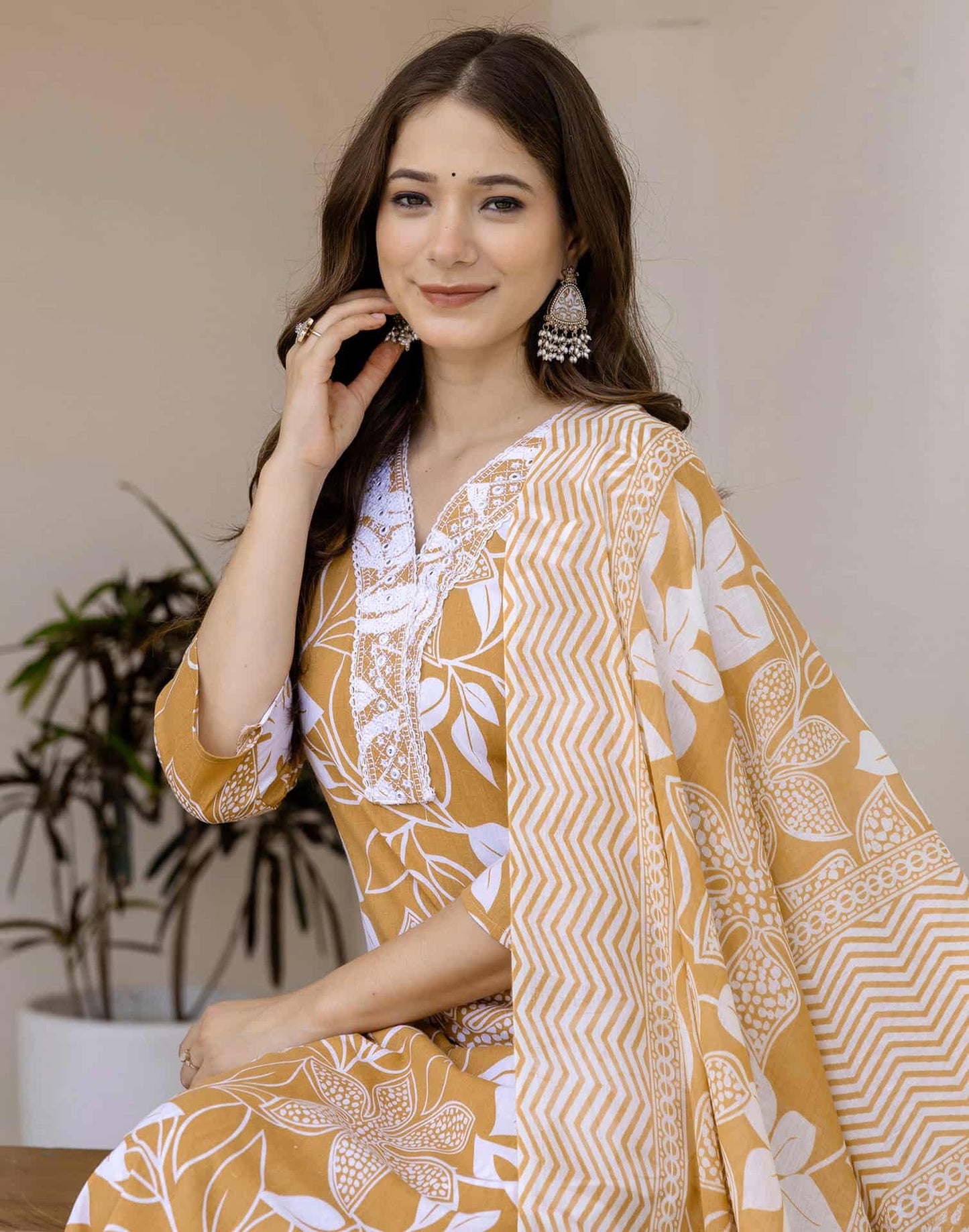 Cotton Straight Printed V-Neck Kurta with Pant & Dupatta