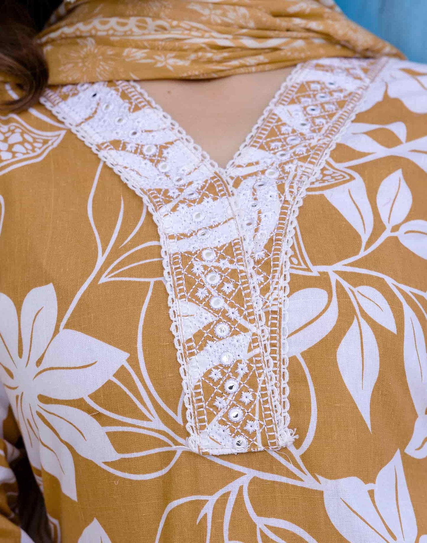 Cotton Straight Printed V-Neck Kurta with Pant & Dupatta