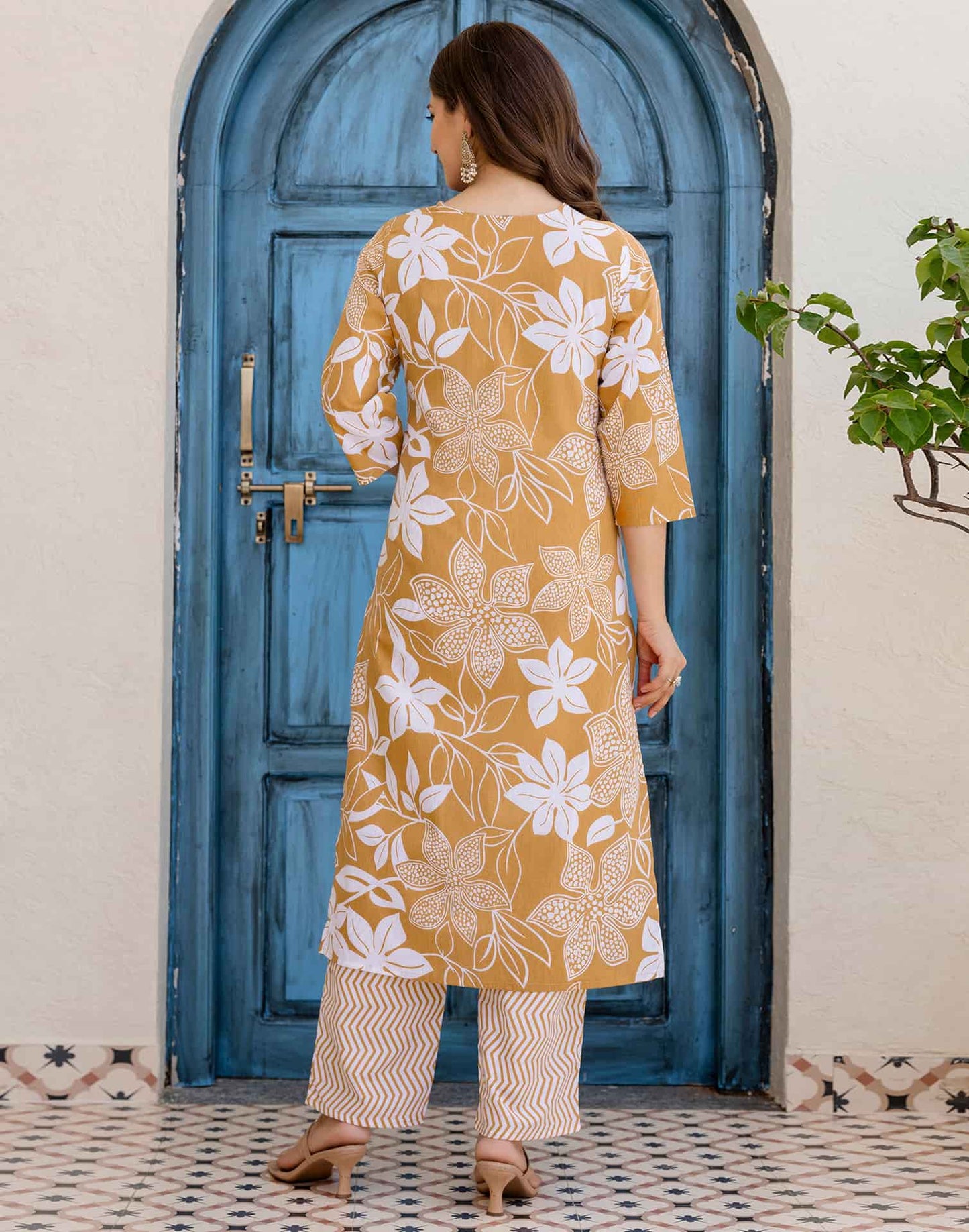 Cotton Straight Printed V-Neck Kurta with Pant & Dupatta