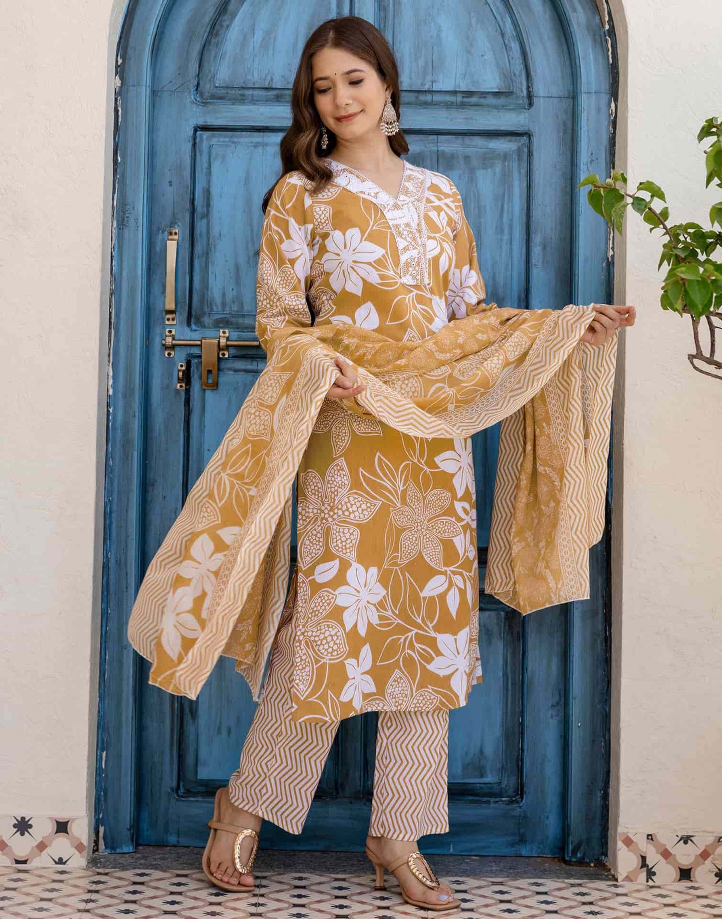 Cotton Straight Printed V-Neck Kurta with Pant & Dupatta