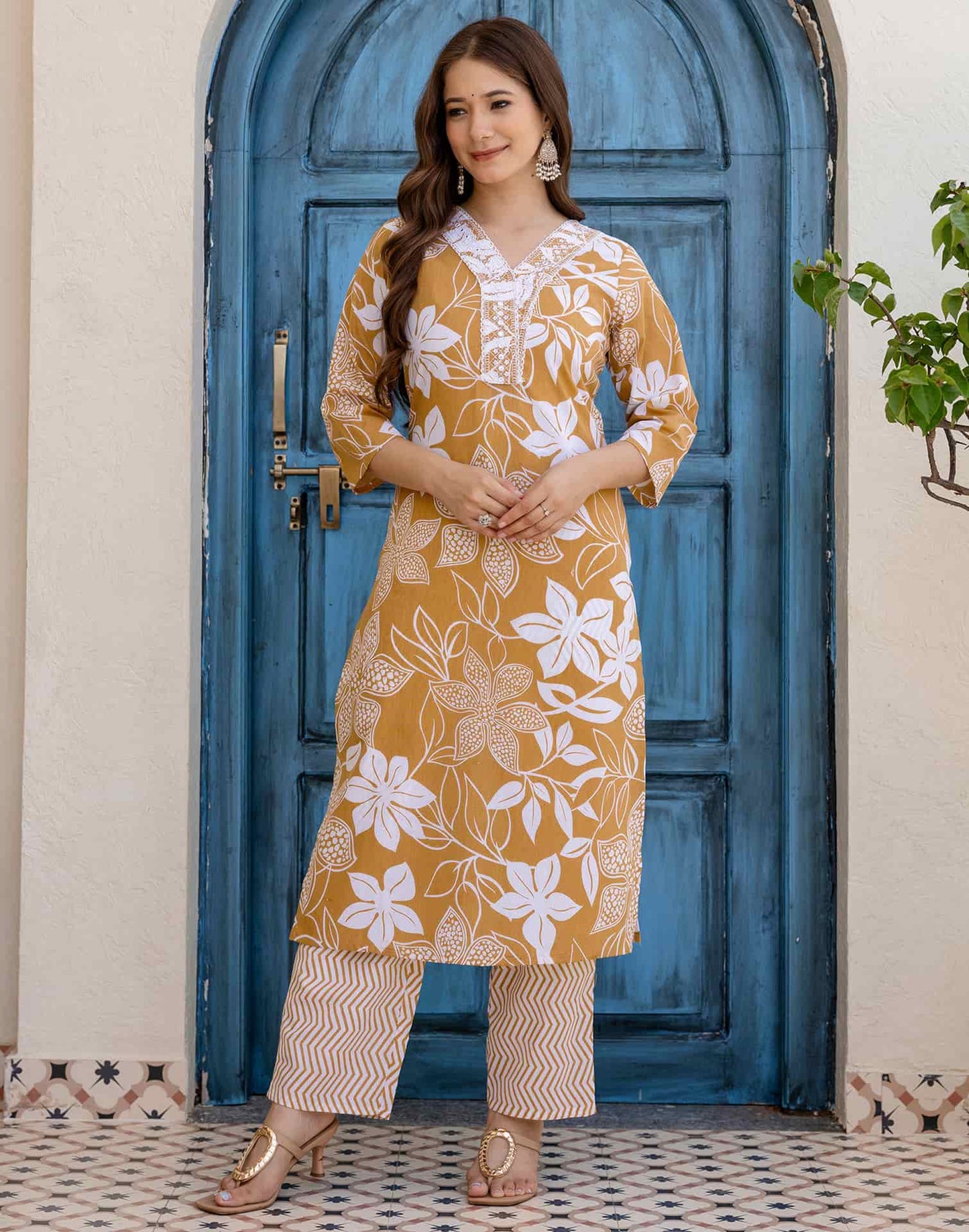 Cotton Straight Printed V-Neck Kurta with Pant & Dupatta