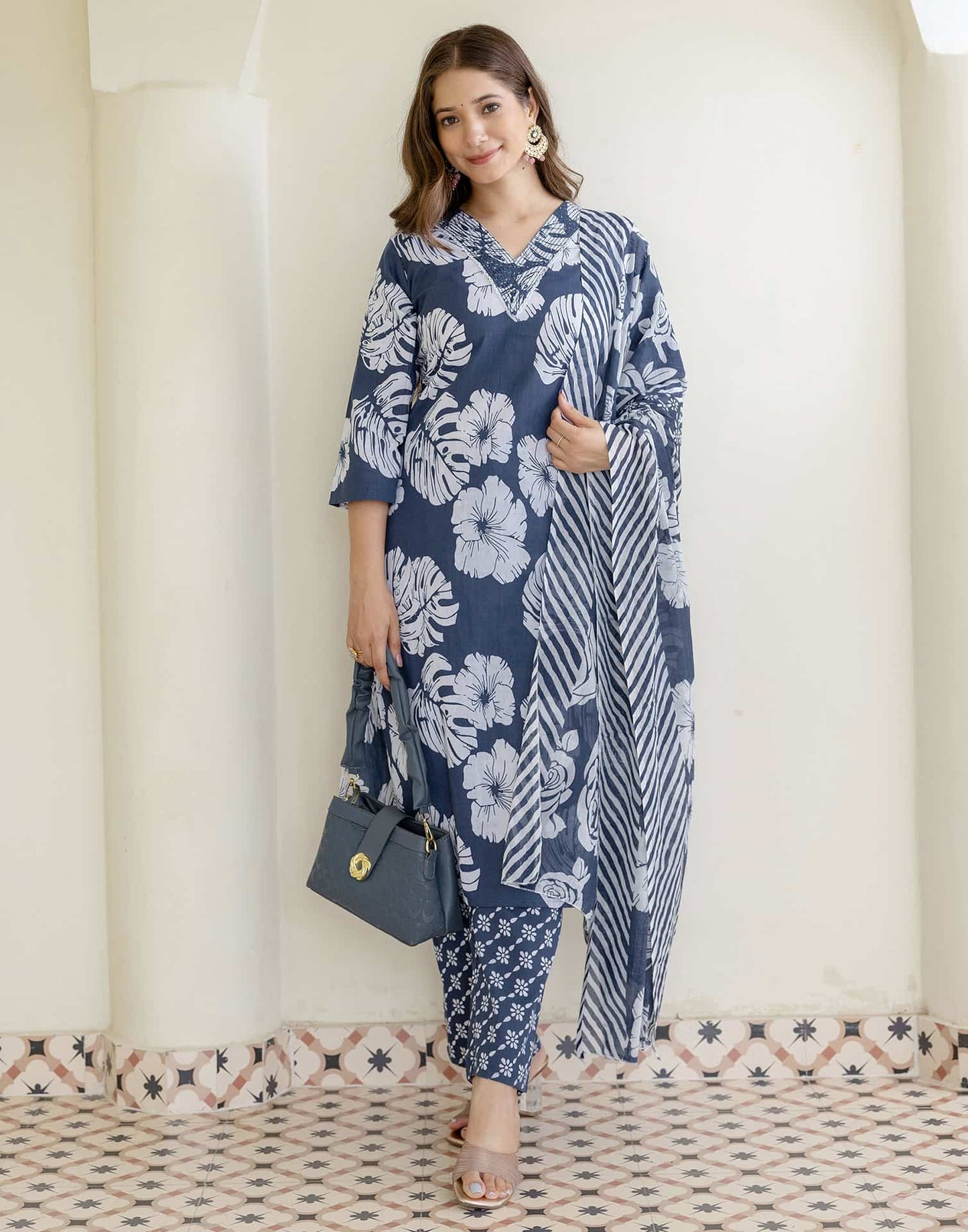 Cotton Printed Straight Kurta with Pant & Dupatta