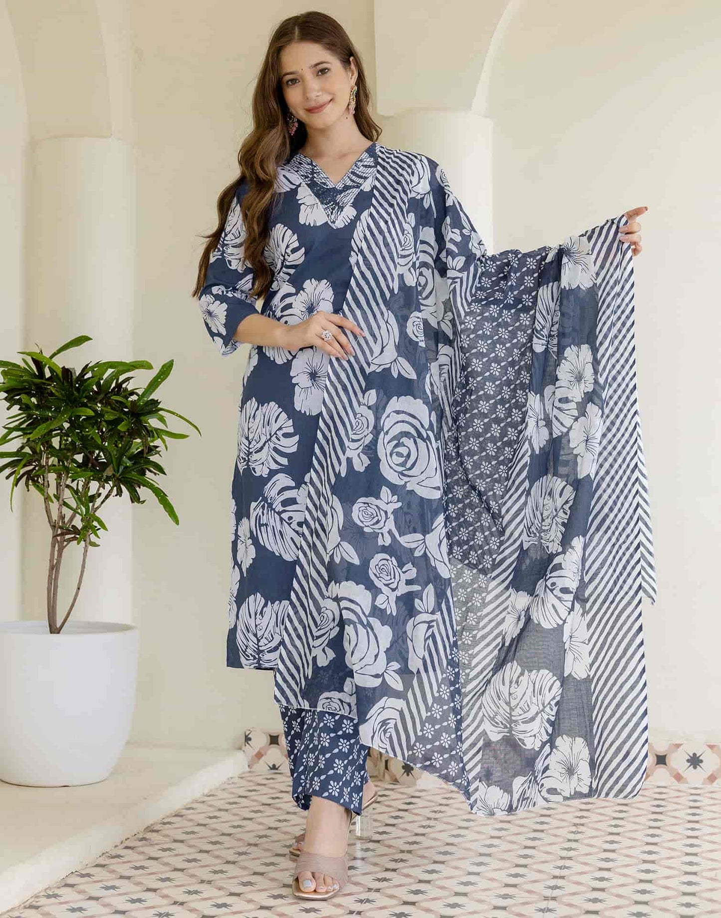 Cotton Printed Straight Kurta with Pant & Dupatta