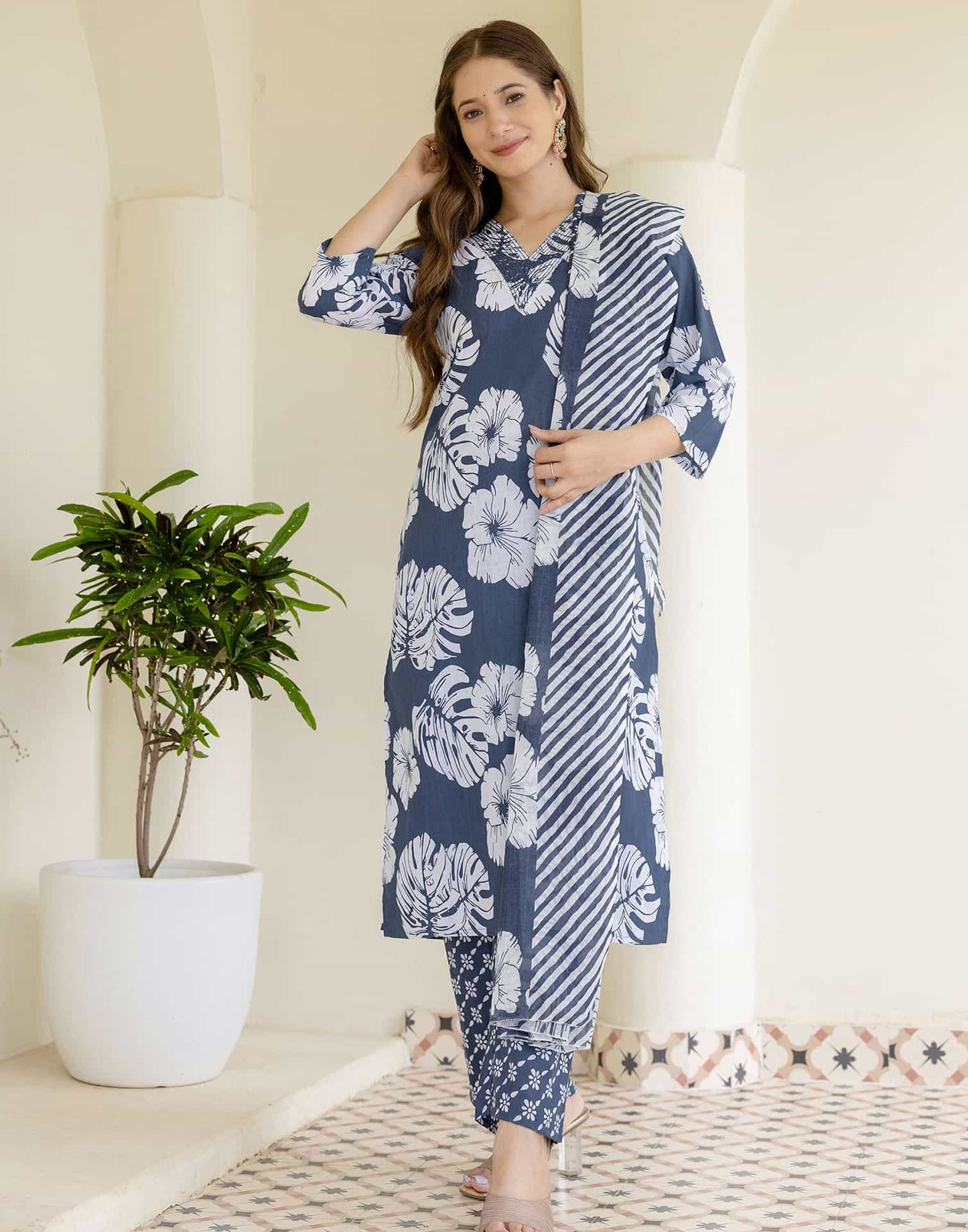Cotton Printed Straight Kurta with Pant & Dupatta