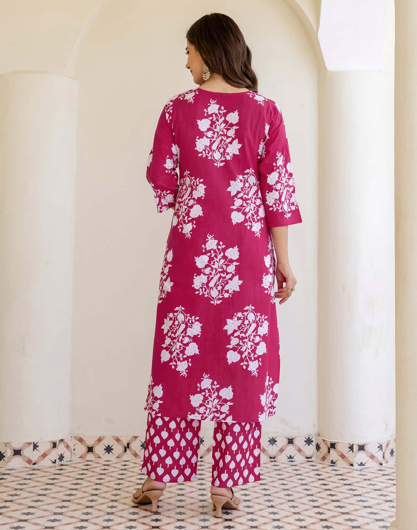 Cotton Straight Printed V-Neck Kurta with Pant & Dupatta