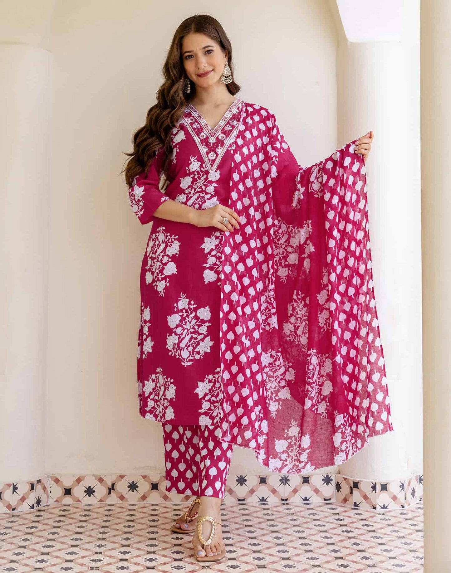 Cotton Straight Printed V-Neck Kurta with Pant & Dupatta