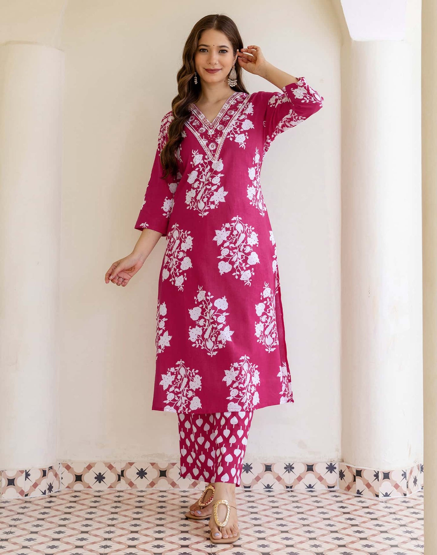 Cotton Straight Printed V-Neck Kurta with Pant & Dupatta