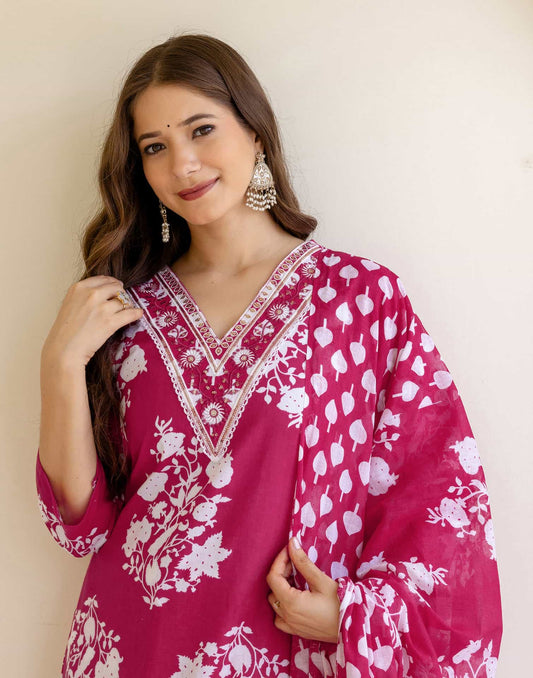 Cotton Straight Printed V-Neck Kurta with Pant & Dupatta