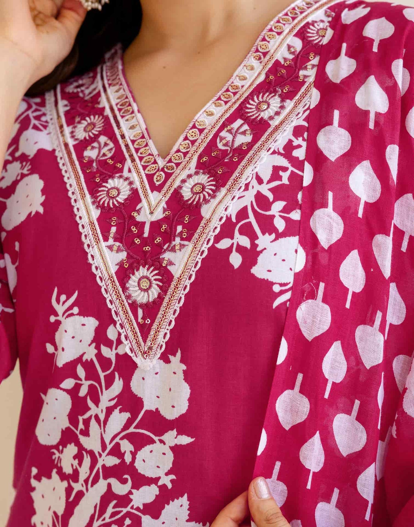 Cotton Straight Printed V-Neck Kurta with Pant & Dupatta