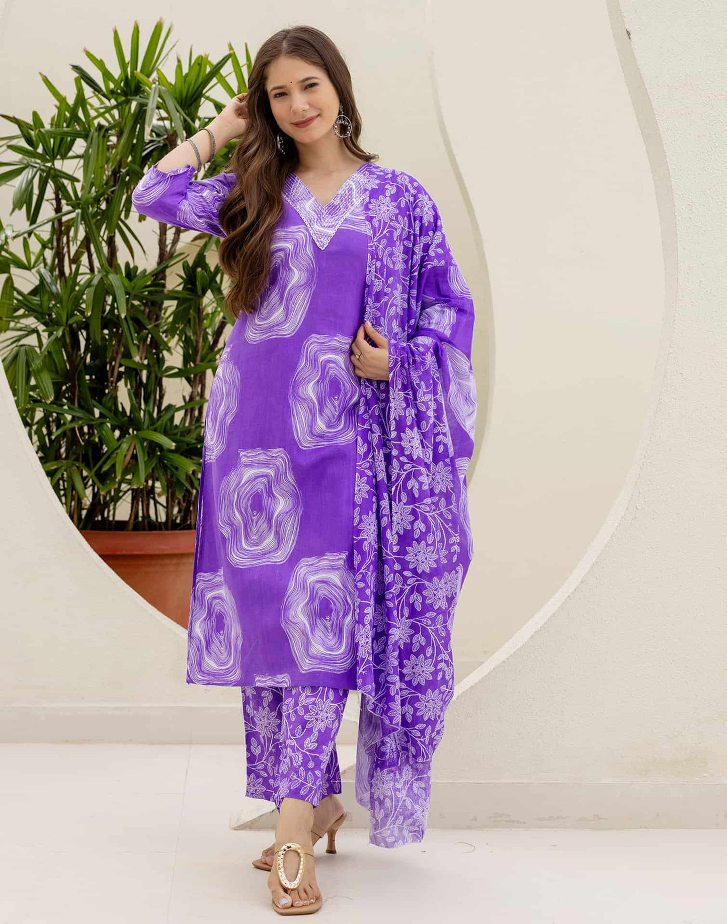 Cotton Straight Printed V-Neck Kurta with Pant & Dupatta