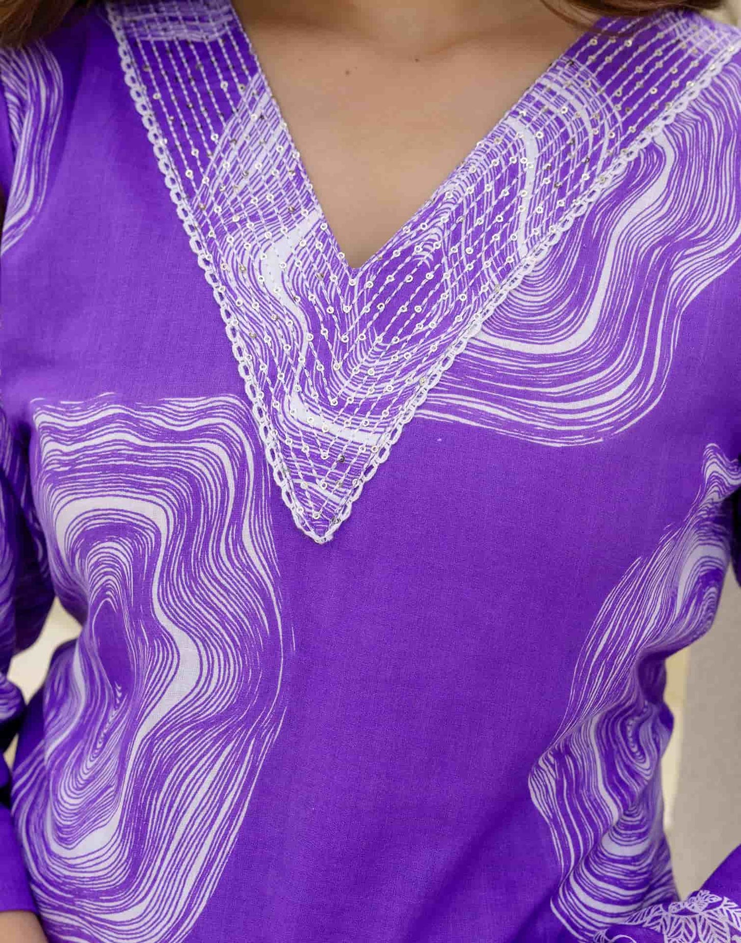 Cotton Straight Printed V-Neck Kurta with Pant & Dupatta