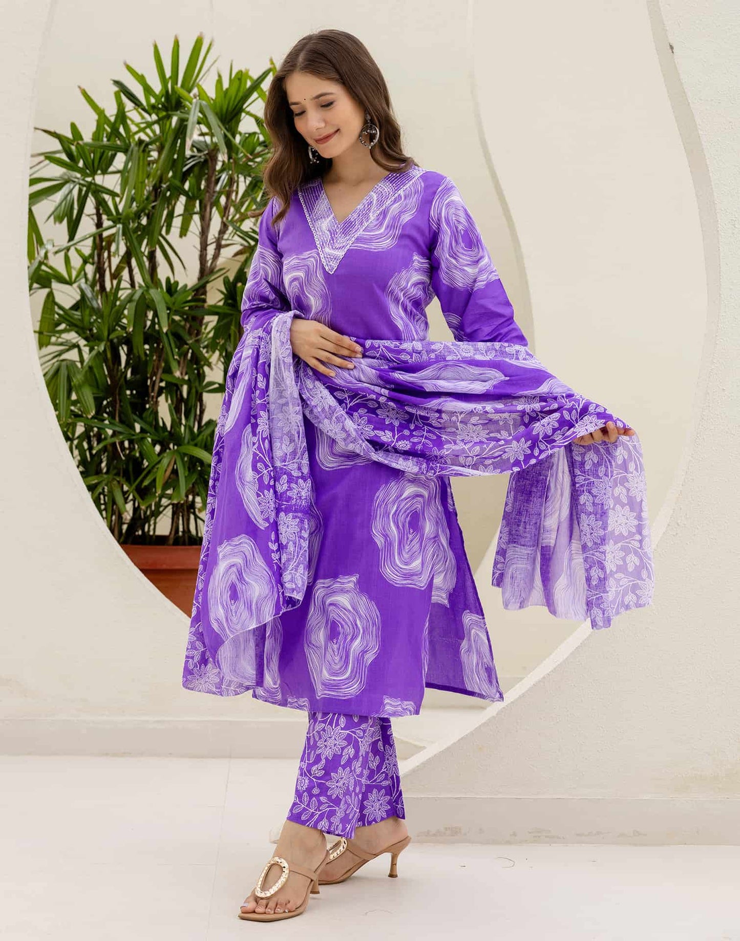 Cotton Straight Printed V-Neck Kurta with Pant & Dupatta
