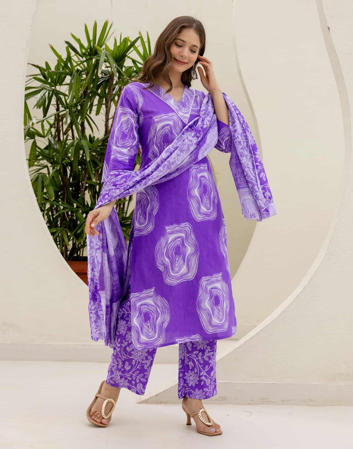Cotton Straight Printed V-Neck Kurta with Pant & Dupatta