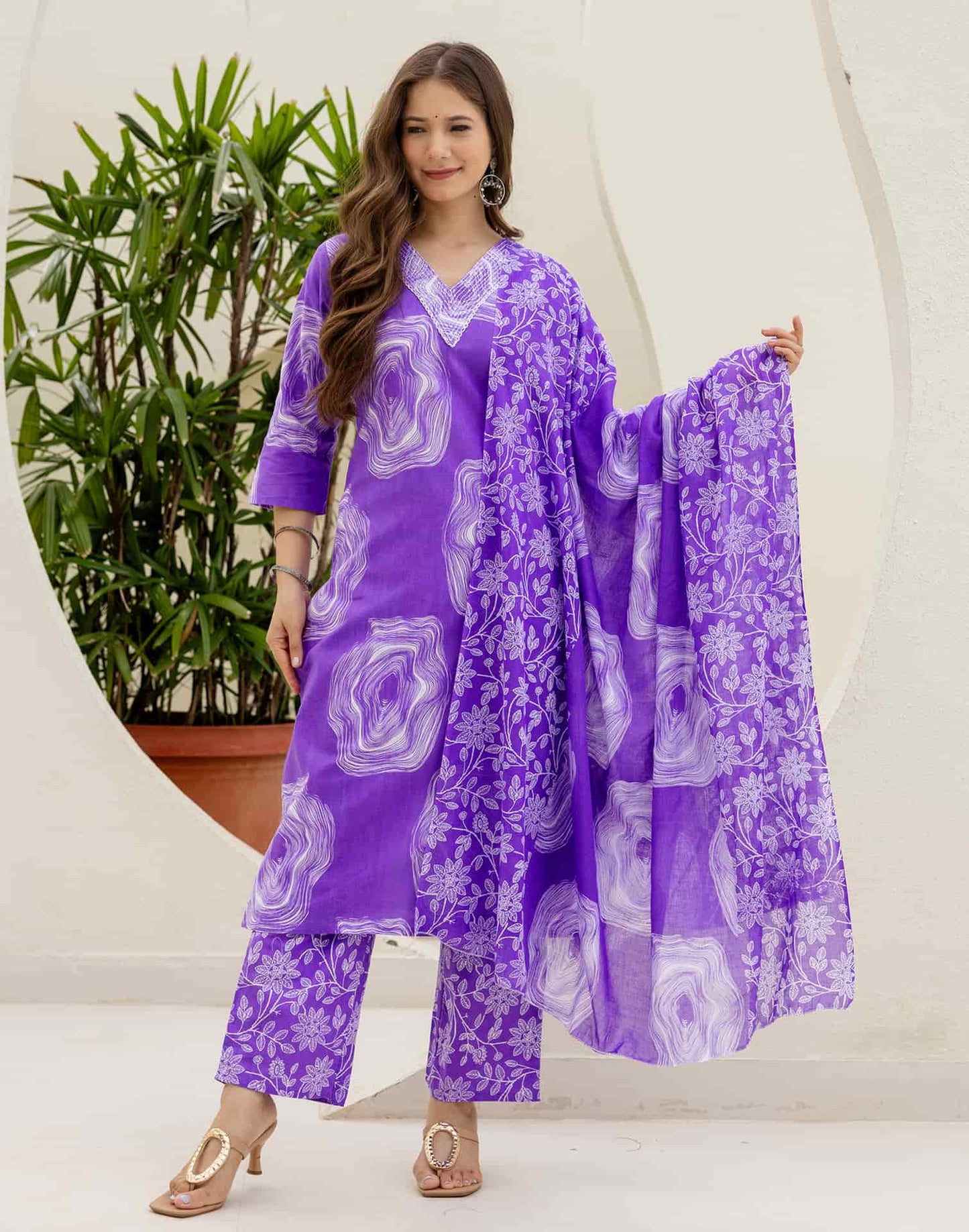 Cotton Straight Printed V-Neck Kurta with Pant & Dupatta