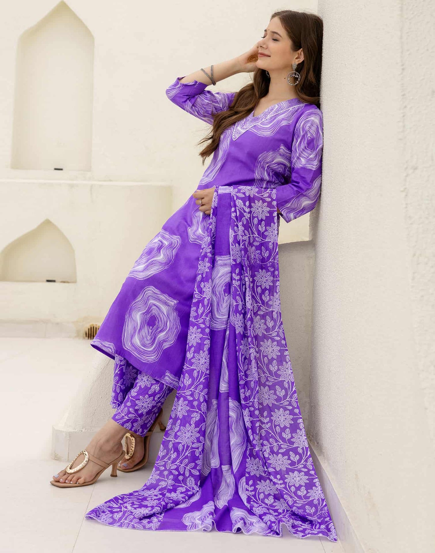 Cotton Straight Printed V-Neck Kurta with Pant & Dupatta
