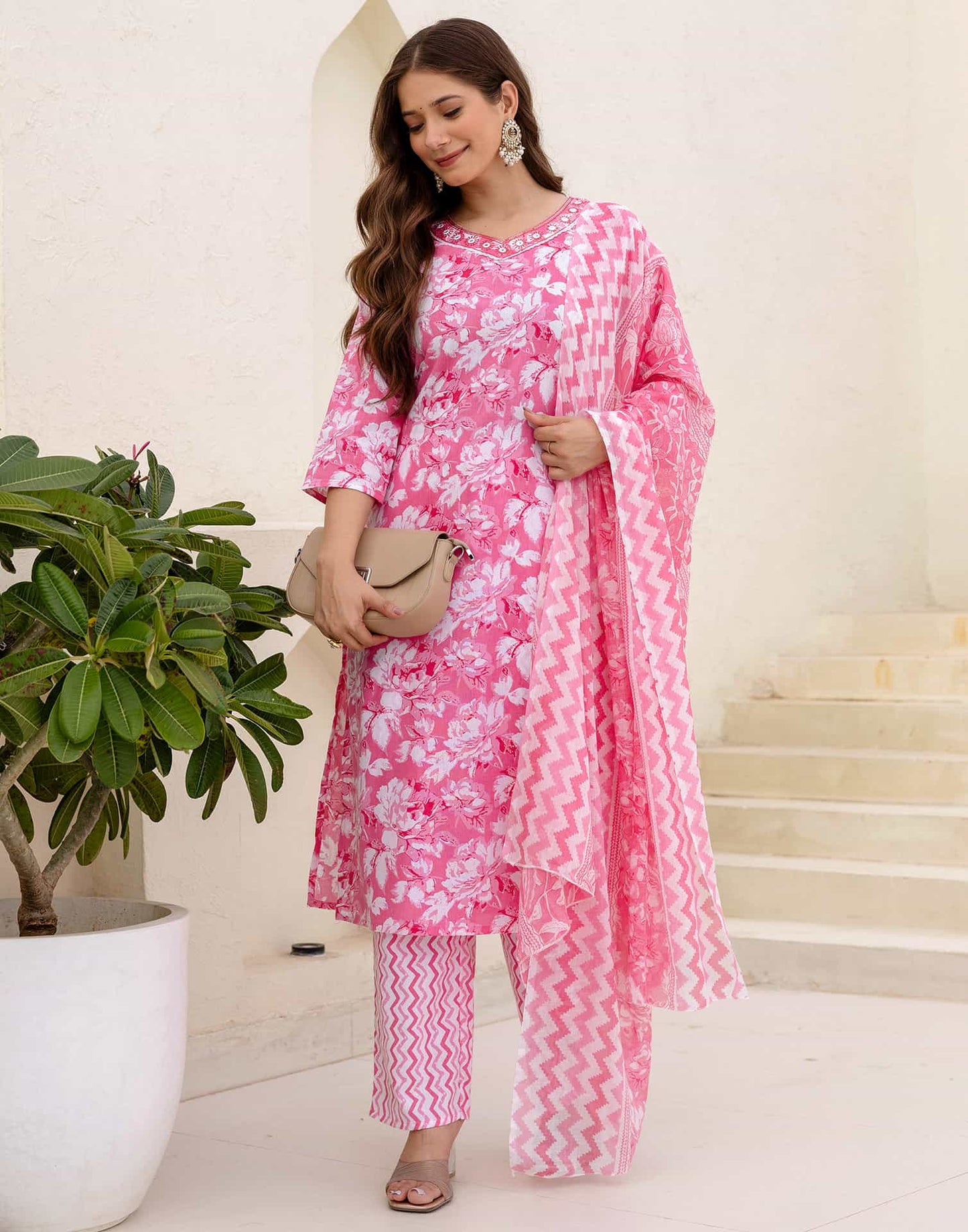 Cotton Straight Printed V-Neck Kurta with Pant & Dupatta