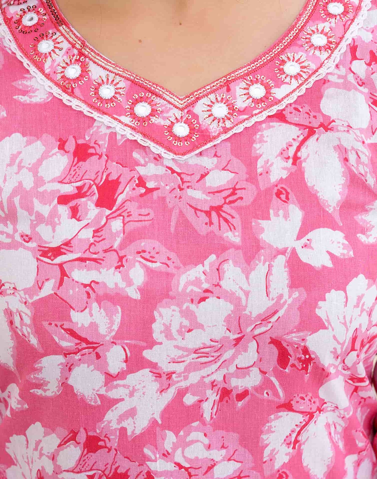 Cotton Straight Printed V-Neck Kurta with Pant & Dupatta