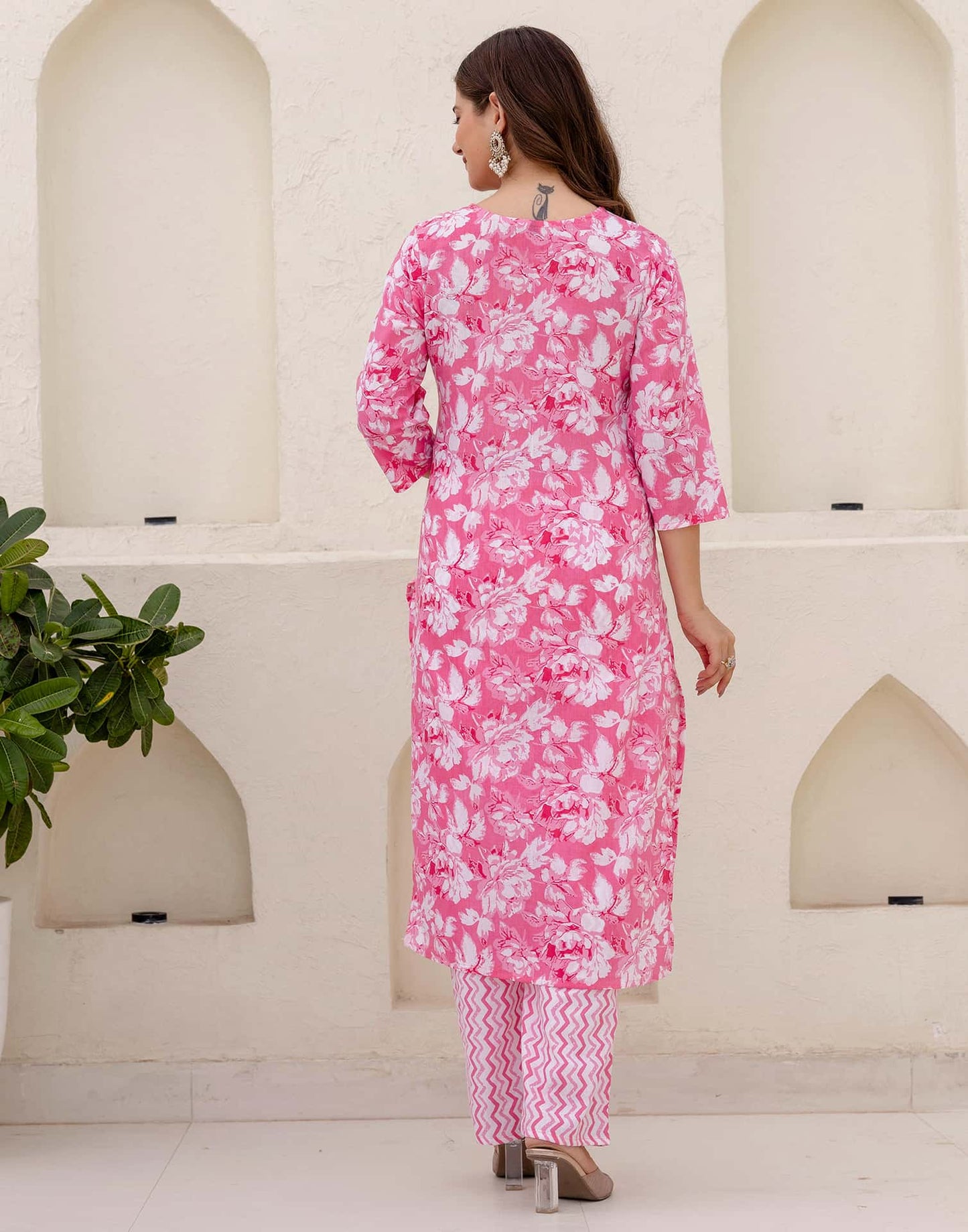 Cotton Straight Printed V-Neck Kurta with Pant & Dupatta