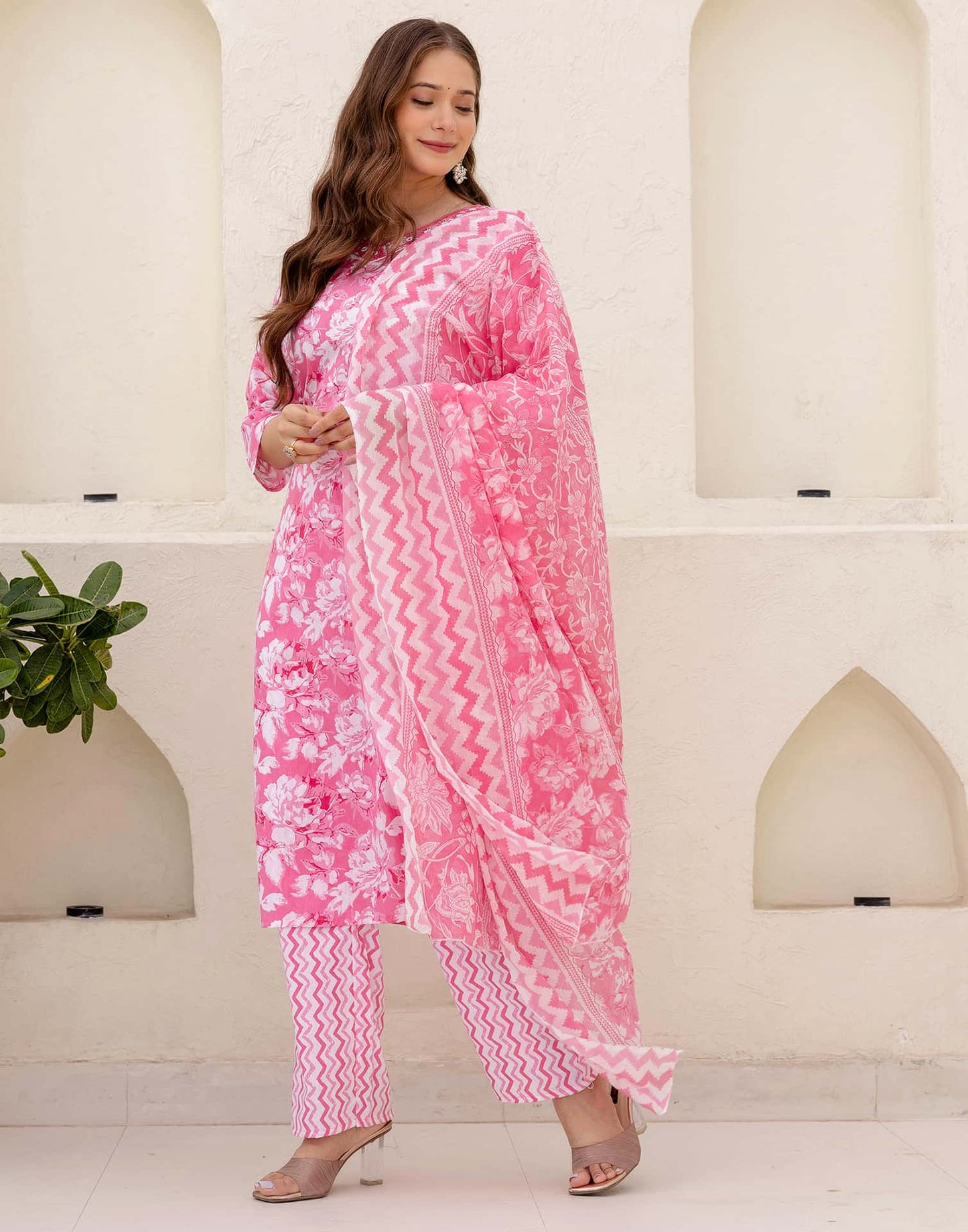 Cotton Straight Printed V-Neck Kurta with Pant & Dupatta