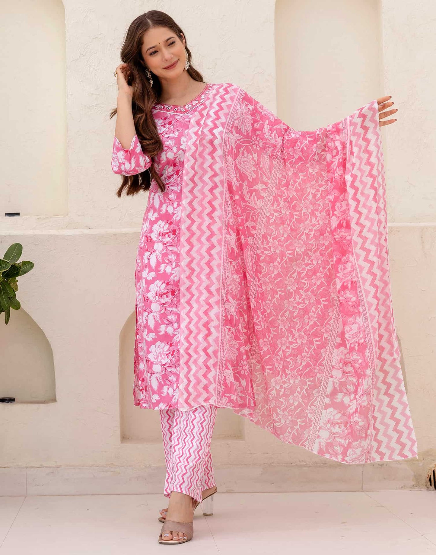 Cotton Straight Printed V-Neck Kurta with Pant & Dupatta