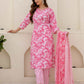 Cotton Straight Printed V-Neck Kurta with Pant & Dupatta