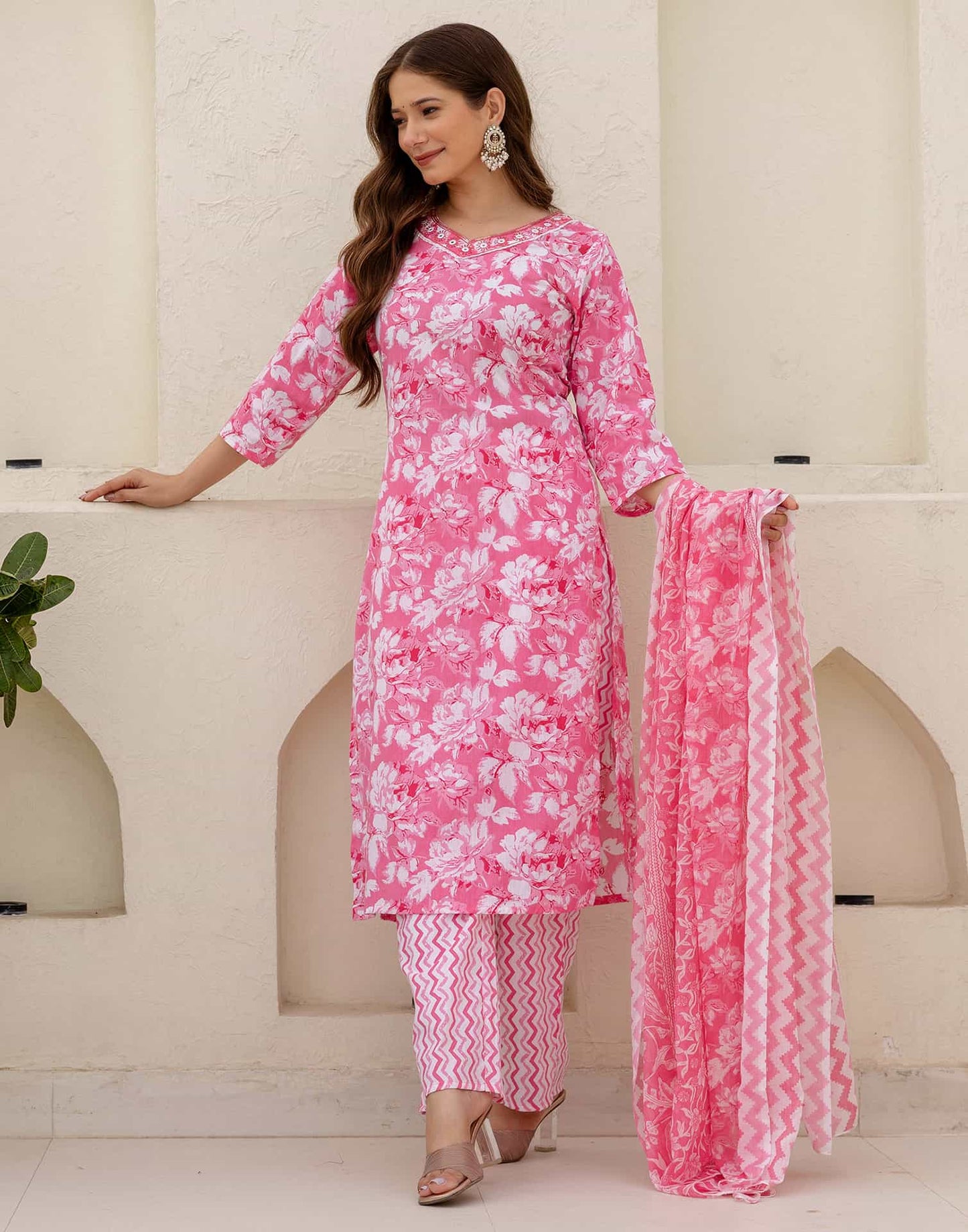 Cotton Straight Printed V-Neck Kurta with Pant & Dupatta