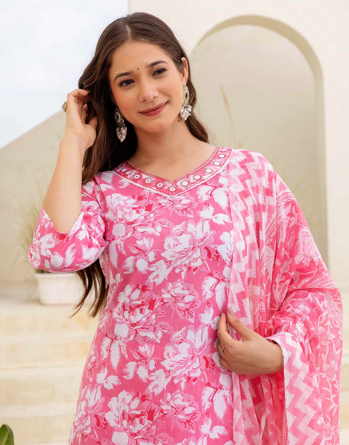 Cotton Straight Printed V-Neck Kurta with Pant & Dupatta