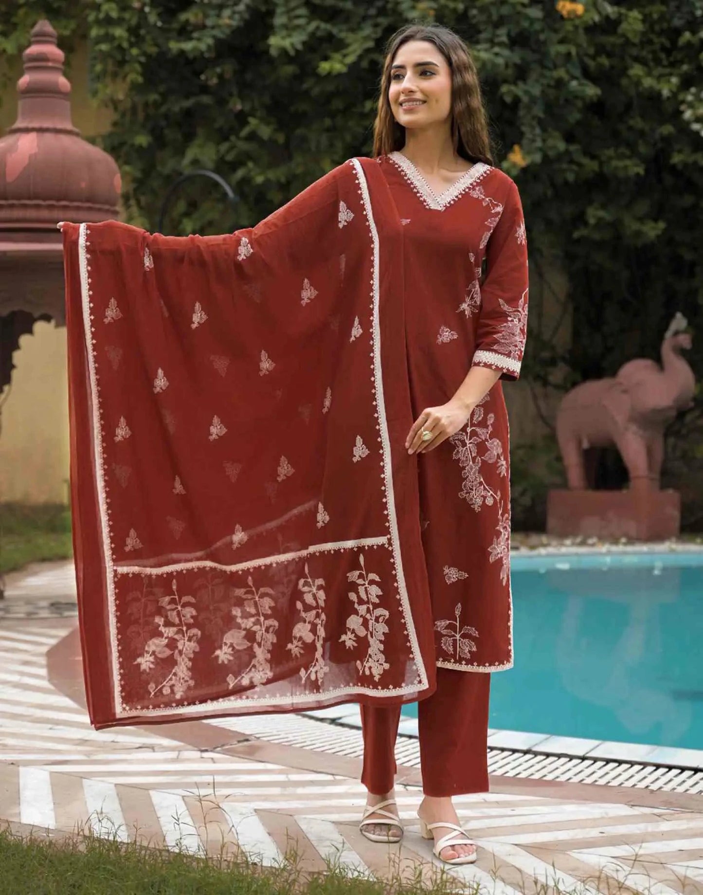Cotton Printed Straight V-Neck Kurta with Pant & Dupatta