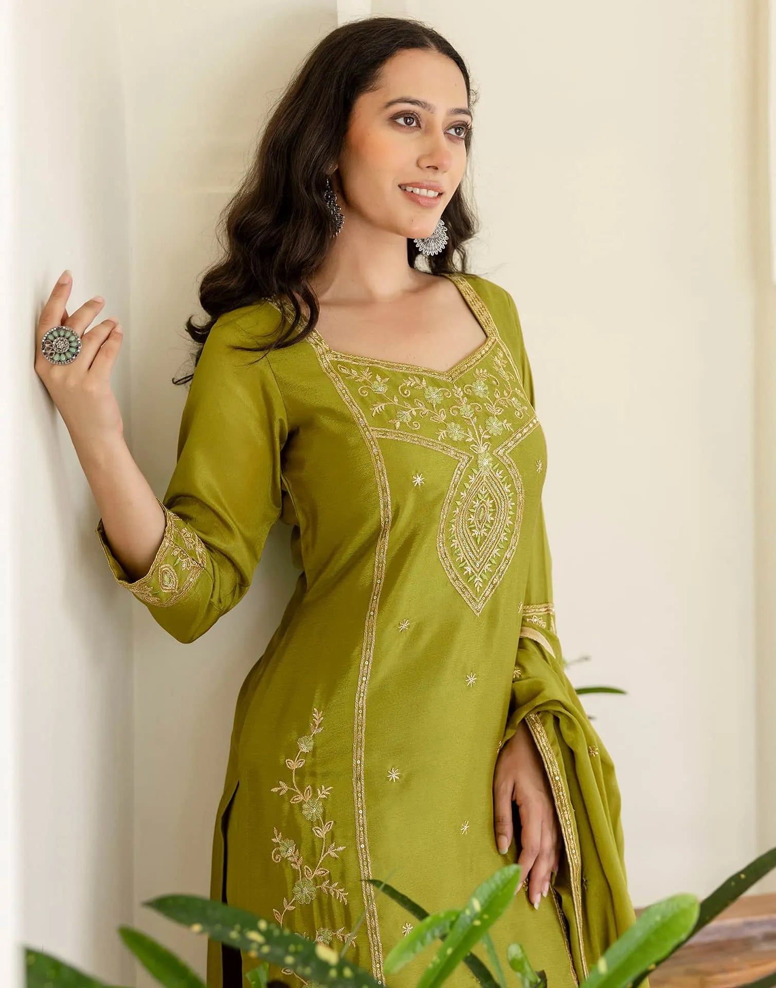 Silk Straight Embroidery Square Neck Kurta with Pant & Dupatta