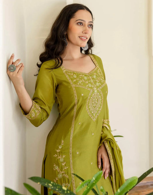 Silk Straight Embroidery Square Neck Kurta with Pant & Dupatta