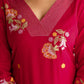 Red Cotton Embroidered Straight Kurta Set with Pant & Dupatta Affordable V-Neck Ethnic Kurti for Office