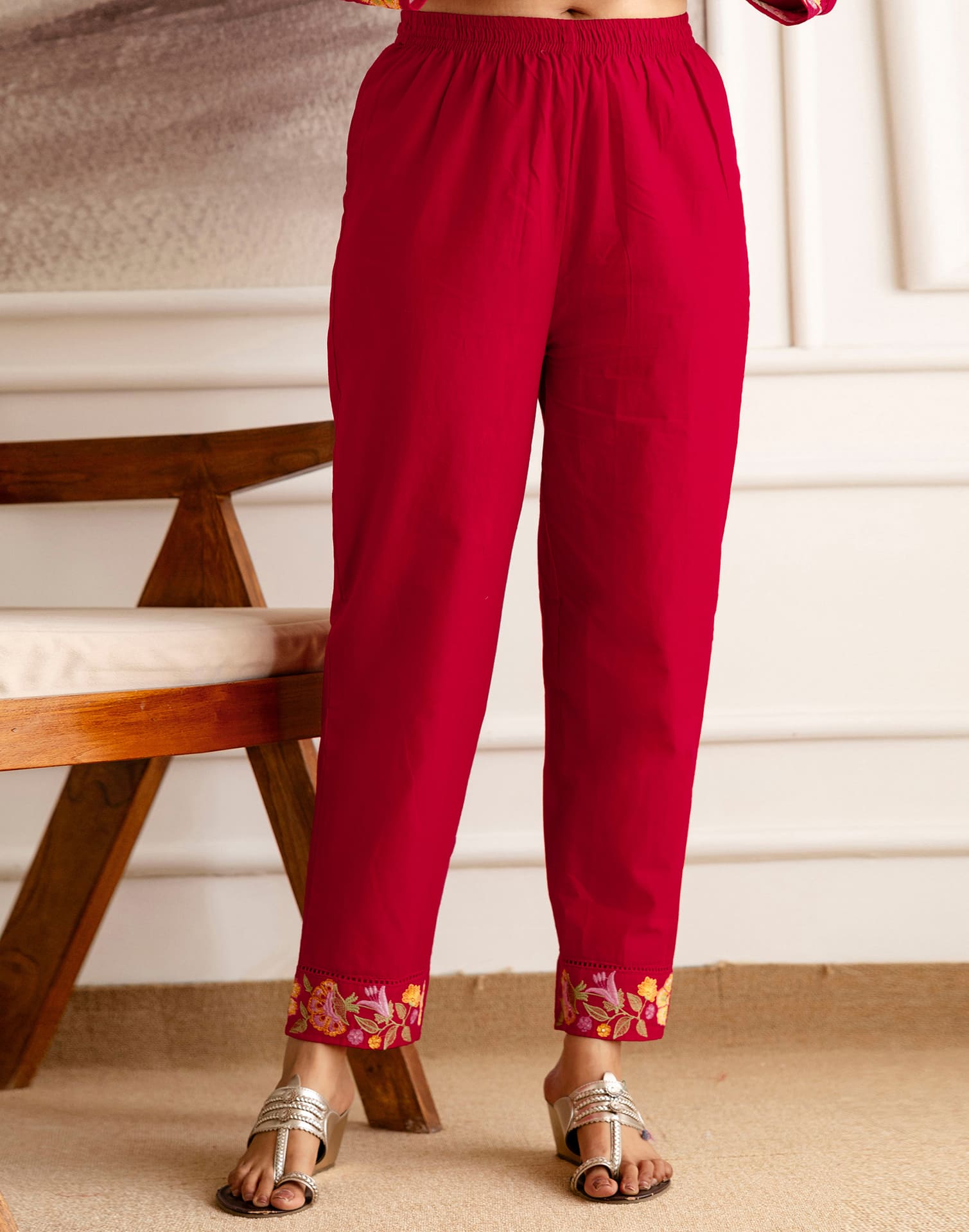Red Cotton Embroidered Straight Kurta Set with Pant & Dupatta Affordable V-Neck Ethnic Kurti for Office