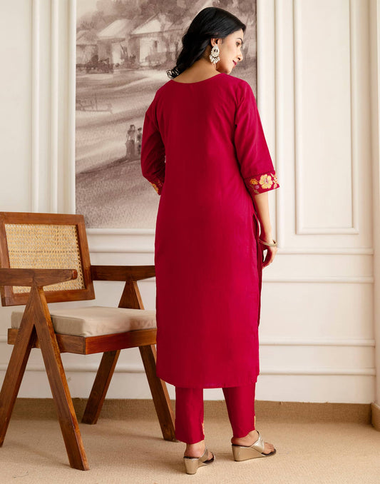 Red Cotton Embroidered Straight Kurta Set with Pant & Dupatta Affordable V-Neck Ethnic Kurti for Office,