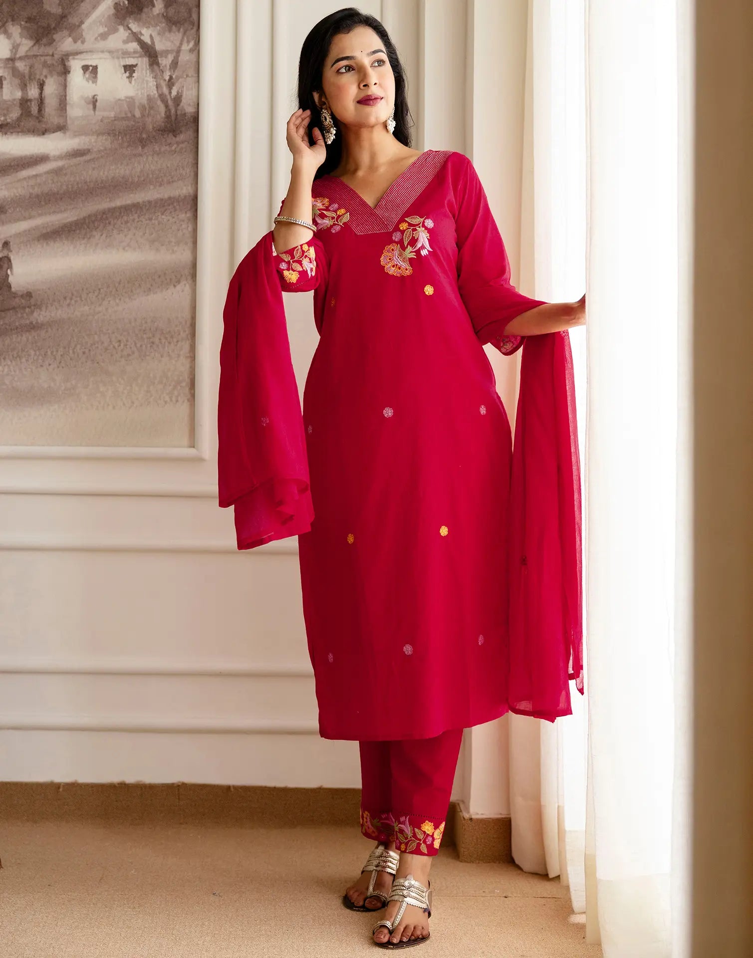 Pure Cotton Embroidered Straight 3 Piece Kurta Set