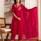 Red Cotton Embroidered Straight Kurta Set with Pant & Dupatta Affordable V-Neck Ethnic Kurti for Office