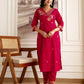 Red Cotton Embroidered Straight Kurta Set with Pant & Dupatta Affordable V-Neck Ethnic Kurti for Office
