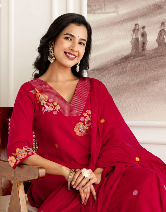 Red Cotton Embroidered Straight Kurta Set with Pant & Dupatta Affordable V-Neck Ethnic Kurti for Office
