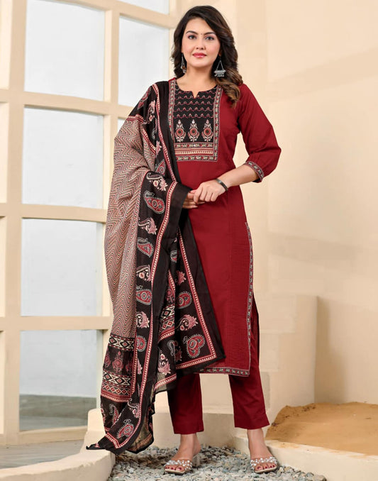 Maroon Cotton Printed Straight Kurta Set with Pant & Dupatta