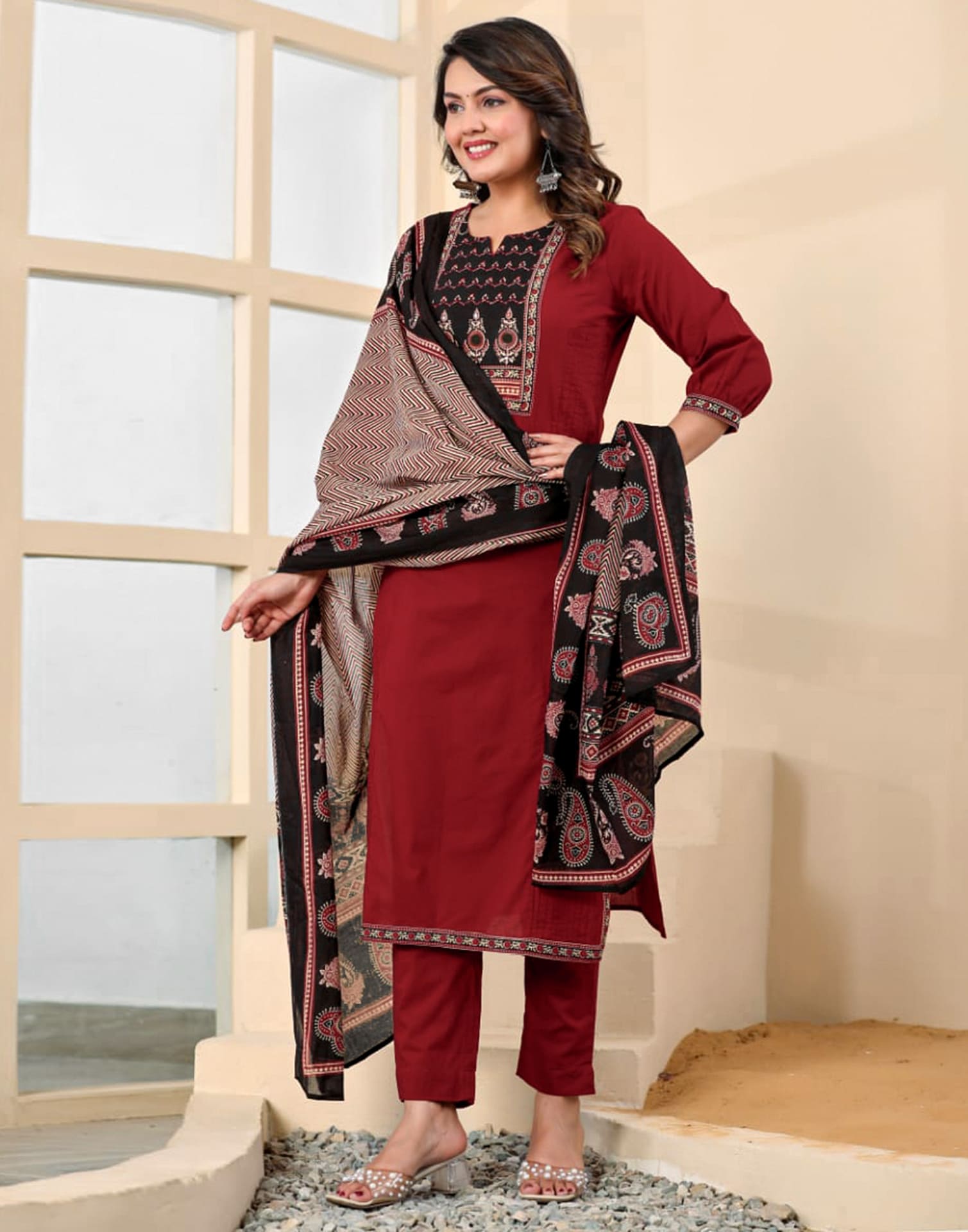 Maroon Cotton Printed Straight Kurta Set with Pant & Dupatta