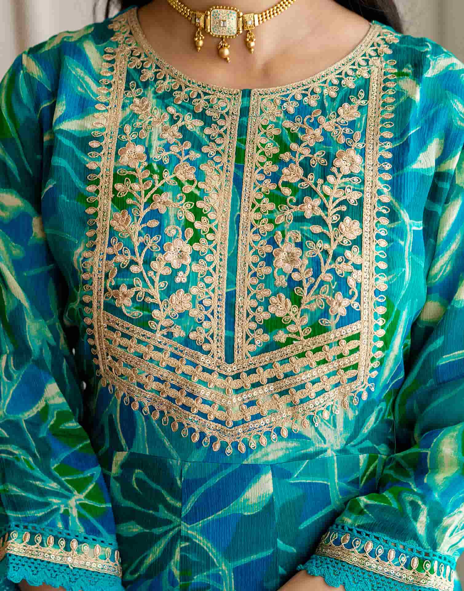 Blue Silk Printed Anarkali Kurta Set with Pant & Dupatta Affordable Ethnic Wear for Festive & Wedding