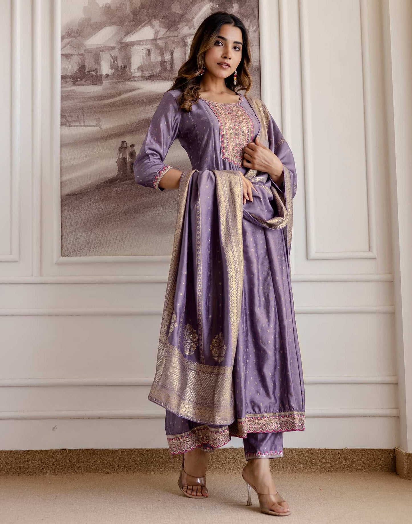 Purple Silk Printed Anarkali Kurta Set with Pant & Dupatta for Women Affordable Embroidered Festive Wear