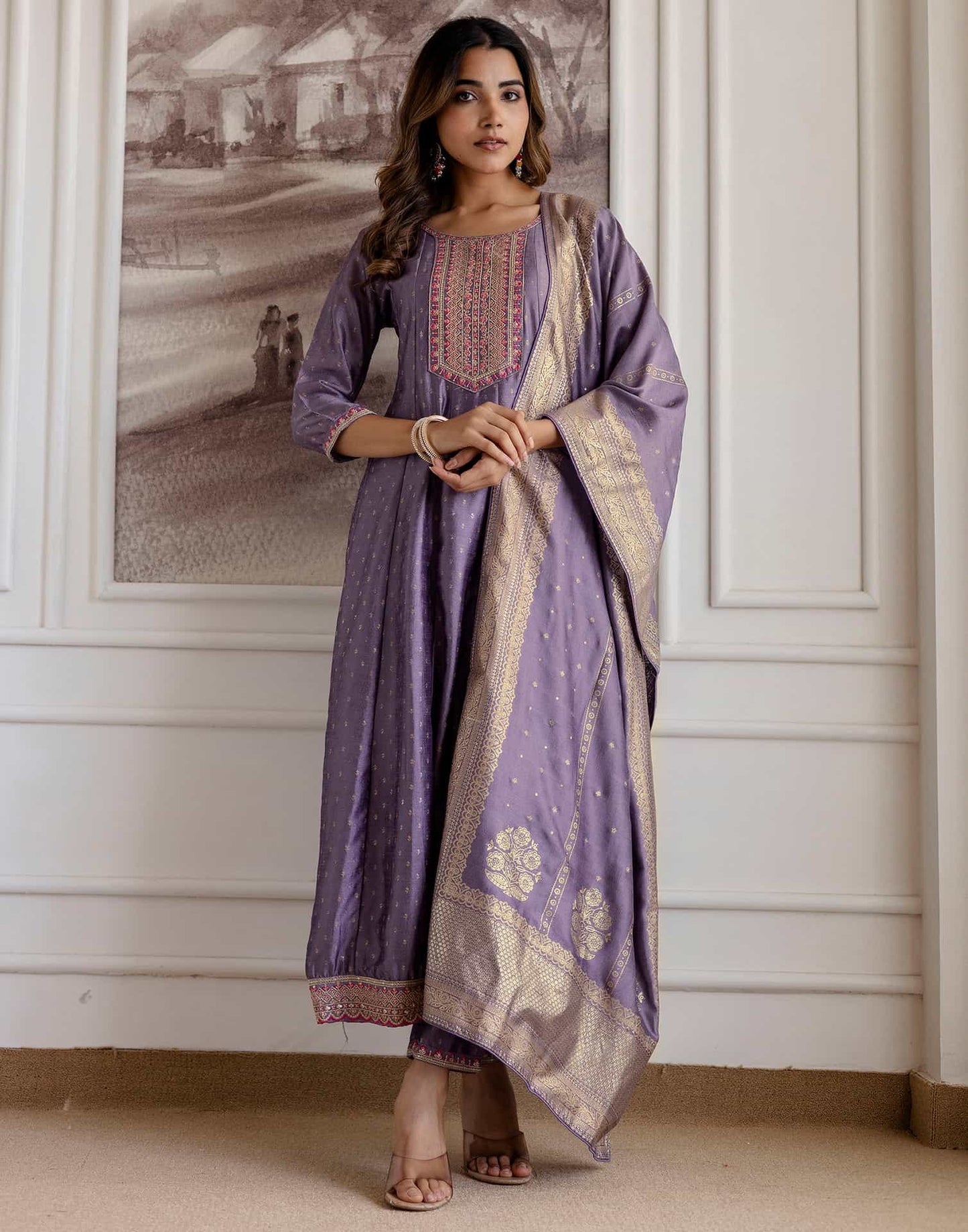 Purple Silk Printed Anarkali Kurta Set with Pant & Dupatta for Women Affordable Embroidered Festive Wear