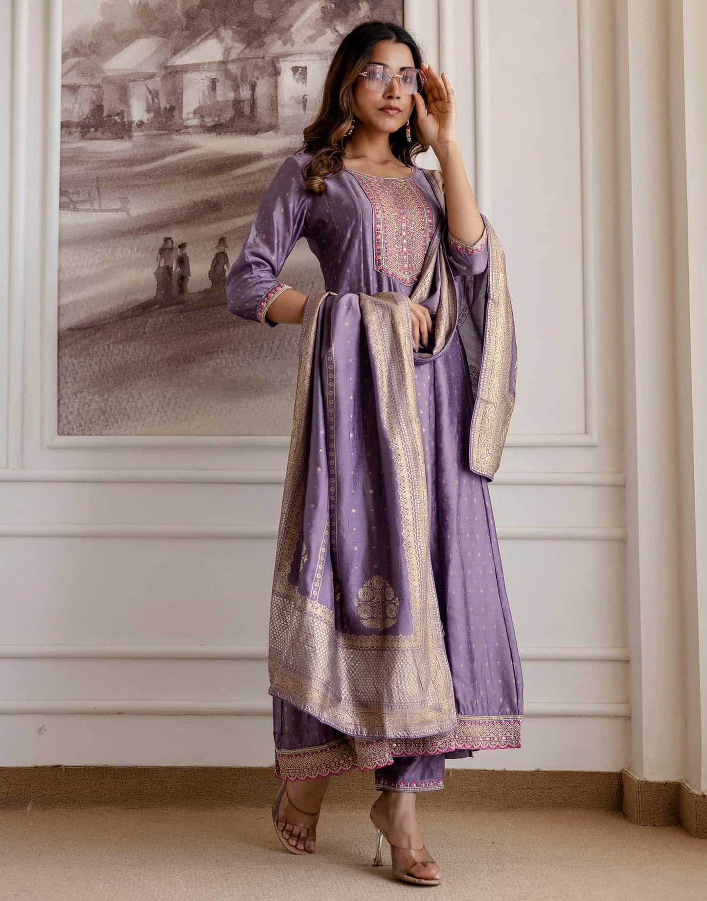 Purple Silk Printed Anarkali Kurta Set with Pant & Dupatta for Women Affordable Embroidered Festive Wear