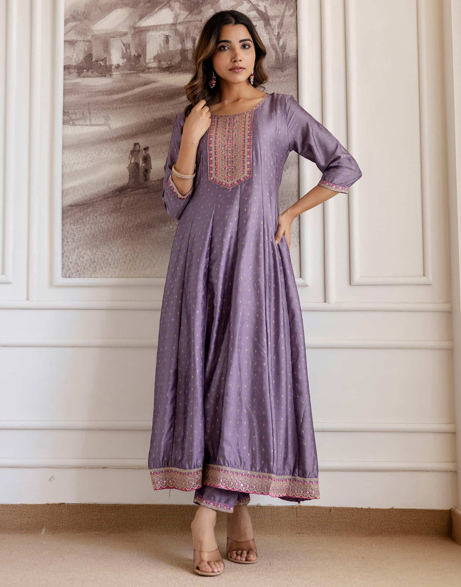 Purple Silk Printed Anarkali Kurta Set with Pant & Dupatta for Women Affordable Embroidered Festive Wear