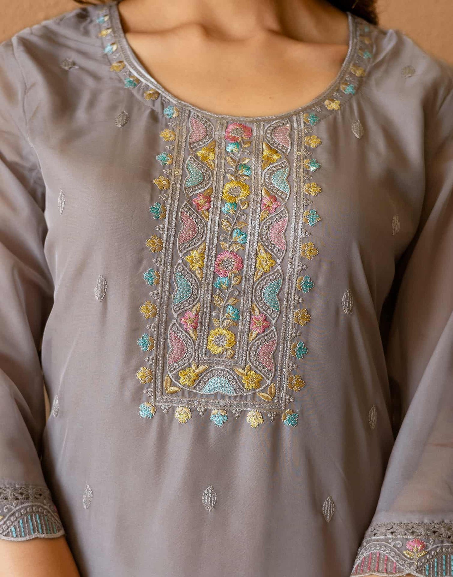 Grey Silk Embroidered Straight Kurta Set with Pant & Dupatta for Women Festive & Wedding Wear