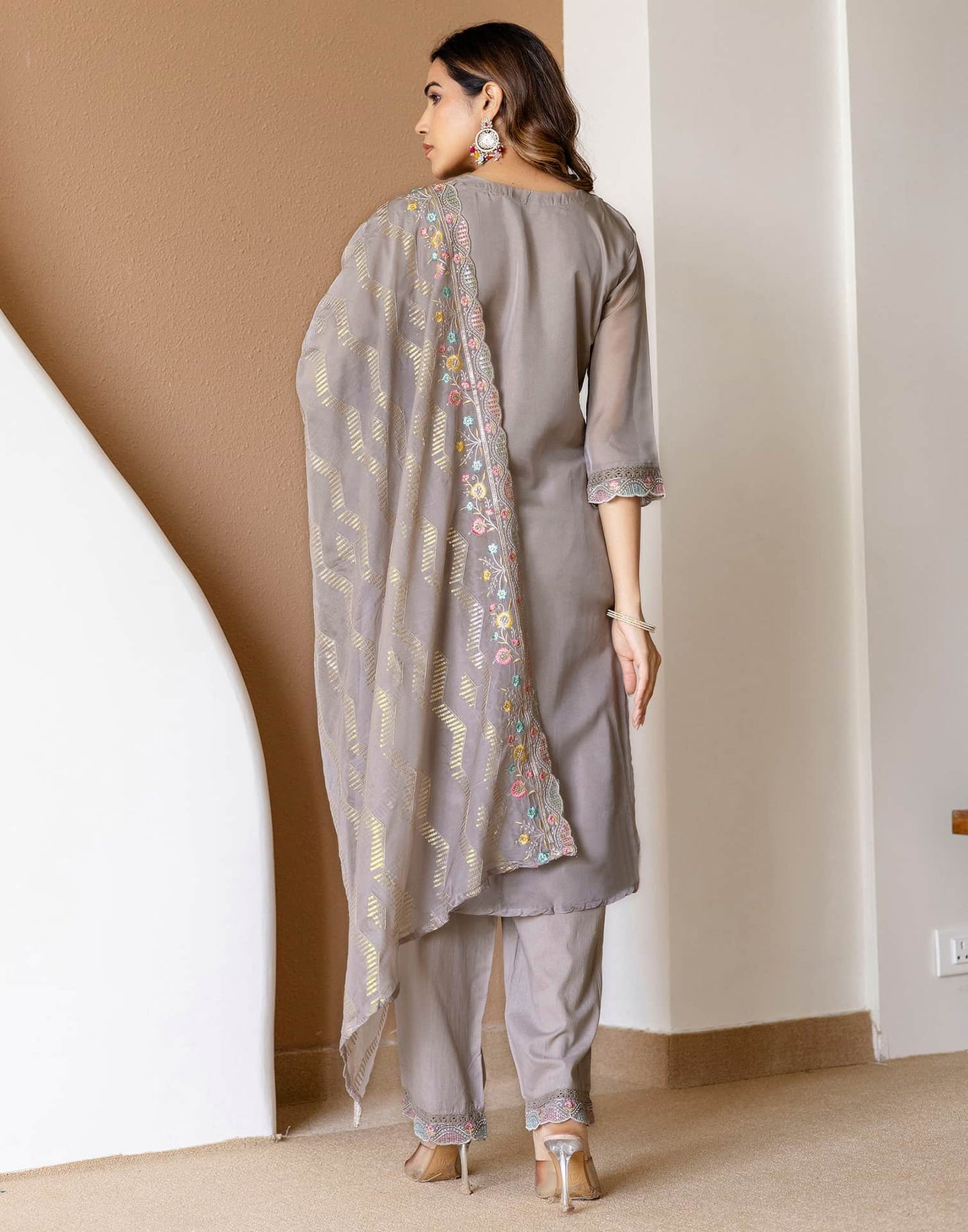 Grey Silk Embroidered Straight Kurta Set with Pant & Dupatta for Women Festive & Wedding Wear