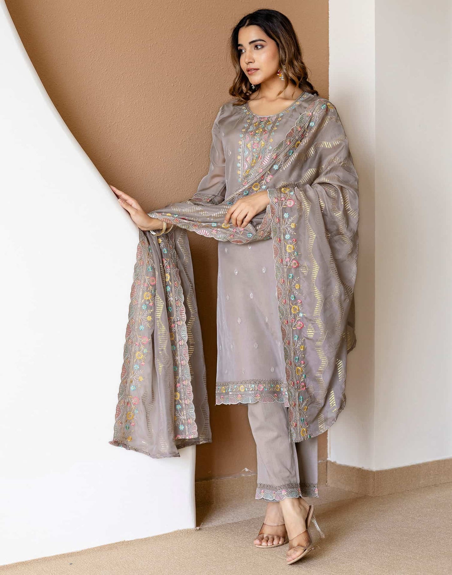 Grey Silk Embroidered Straight Kurta Set with Pant & Dupatta for Women Festive & Wedding Wear